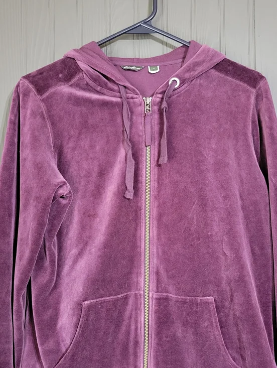 Eddie Bauer Velour Full Zip Hooded Sweatshirt Front Pocket Purple Women's Medium - Picture 3 of 7